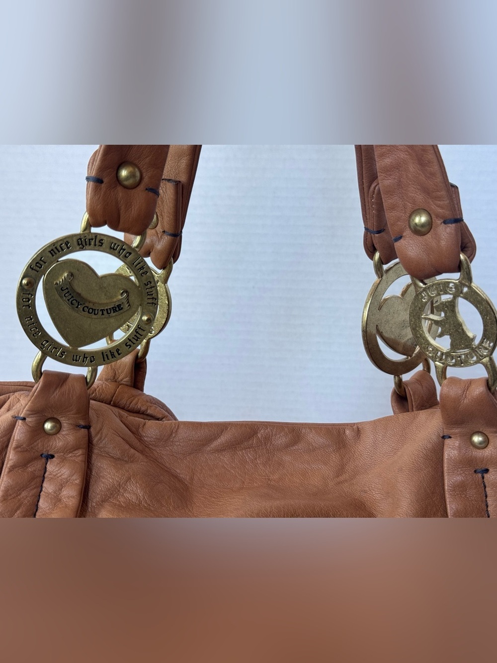 Vintage Y2K JUICY COUTURE Brown Tan Leather Hobo Tote Shoulder Bag Gold Logo Dog - Picture 2 of 16